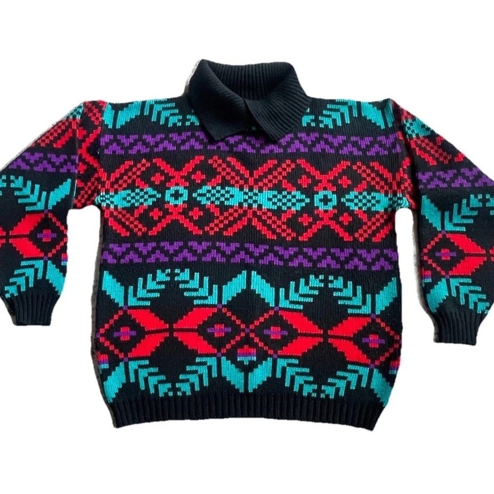 Vintage 80s Geometric Turtle Neck Sweater  M Black‎ Red Purple Retro Boxy